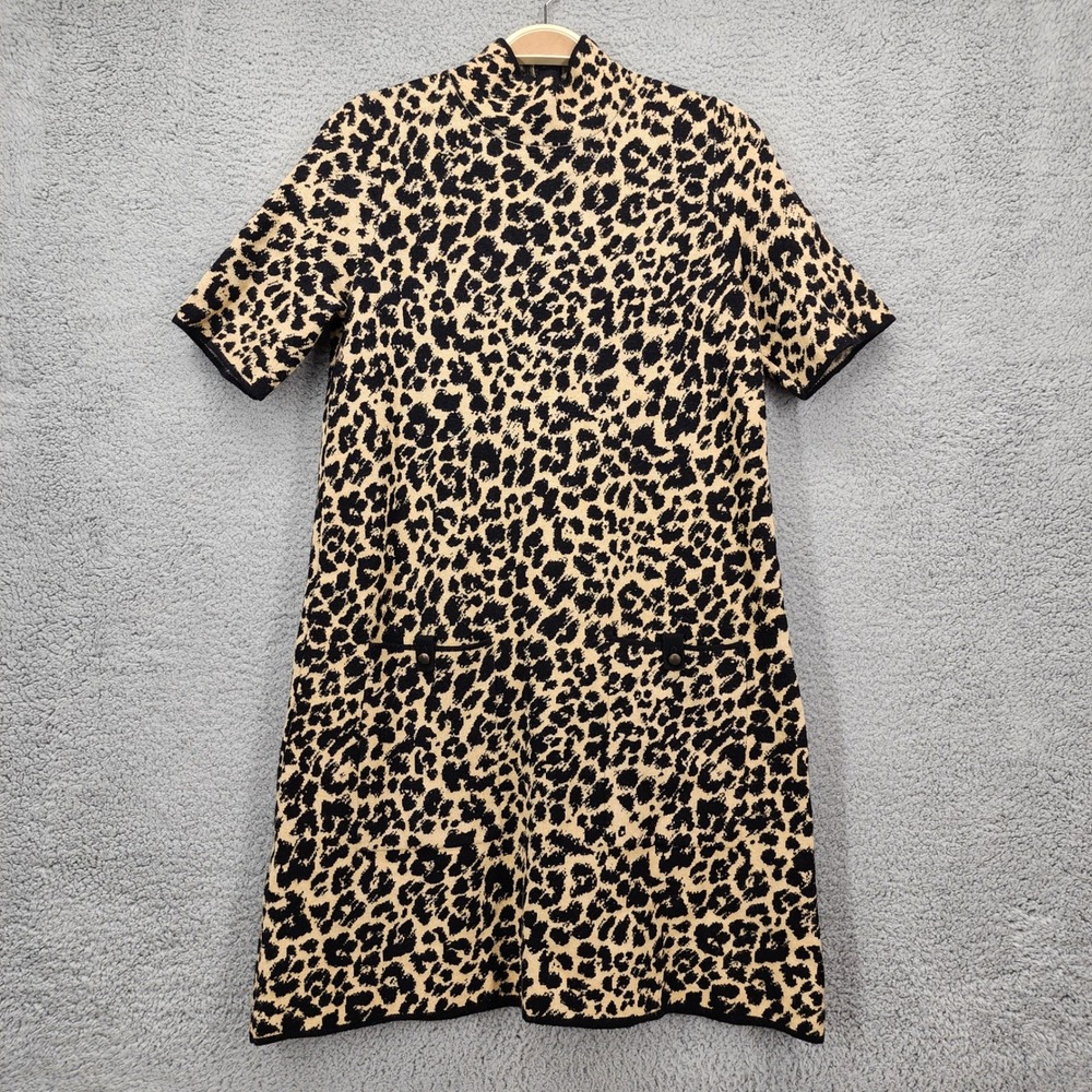 Maeve Anthropologie Leopard Print Mock Neck Sweater Shift Dress Tan Black Small
